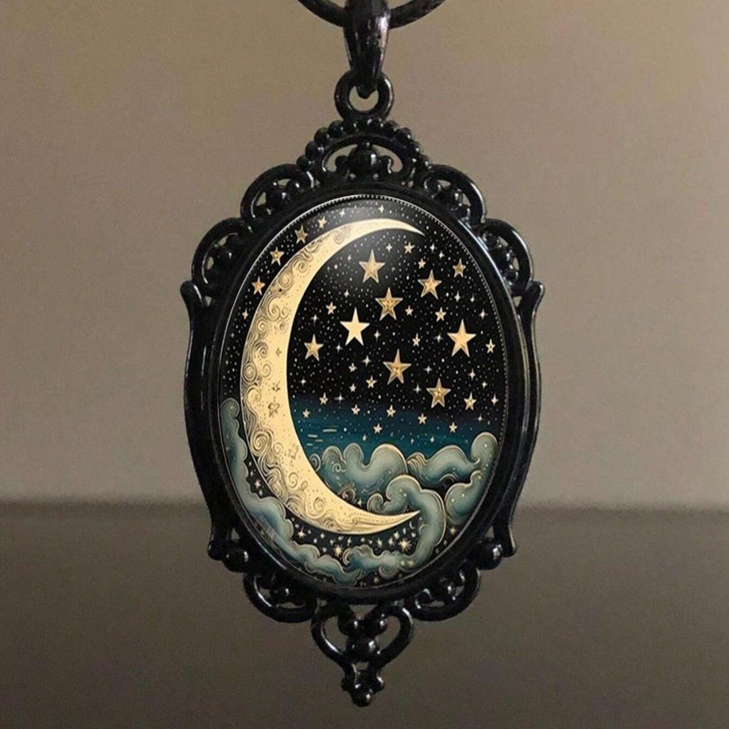 Pendant, Gothic Moon and Starry Sky Pattern, Everyday Necklace for Women