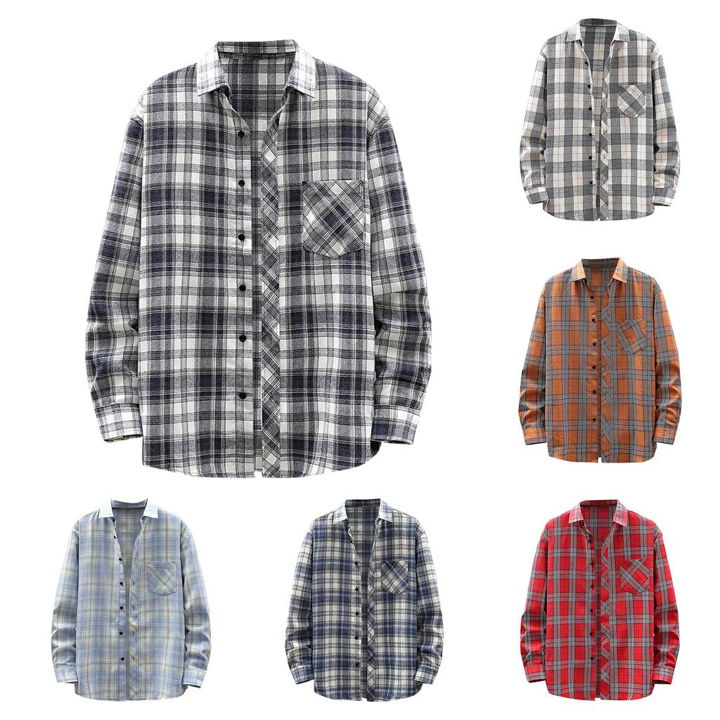 Men'S Long Sleeved Shirt Men'S Lapel Plaid Cardigan Long Sleeved Shirt
