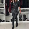Women Coat Elastic Slim Waist Smooth Surface Faux Leather Turn-down Collar Jacket Mid Length Solid Color Double-breasted Outerwear