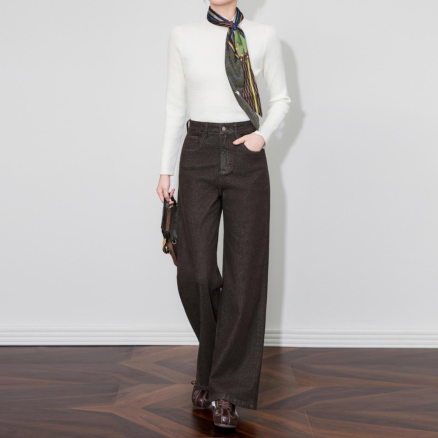 

Maillard Coffee Straight Wide-Leg Retro Loose Jeans with Velvet for Autumn/Winter 29 кофейный