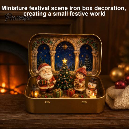 Micro Paesaggio Natalizio da Tavolo Mini Set in Scatola di Latta, Scena Festiva Formato Tascabile Scatola Presepio Portatile con Figure in Miniatura, da Collezione