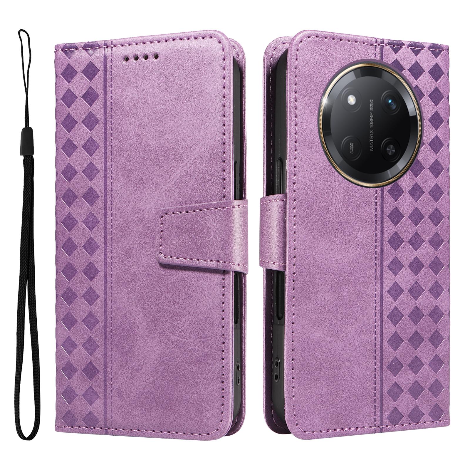 

For Honor Magic7 Lite 5G/X9c 5G/X60 Pro 5G Leather Case Wallet Stand Grids Imprinted Phone Cover with Strap B