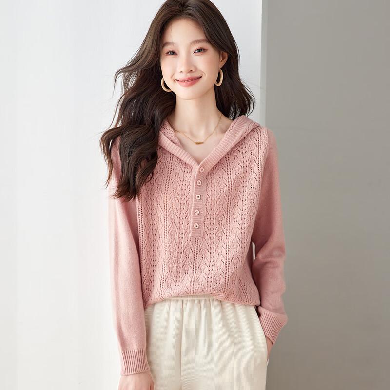 Srcr Women's 100% Wool Hollow Hooded Knit Sweater