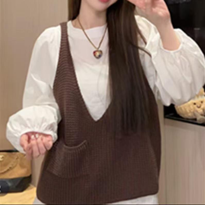 

Вязаный жилет с V-образным вырезом 2025 - Большой размер, Однотонный, Для многослойности на весну/осень One Size (without shirt) кофейный