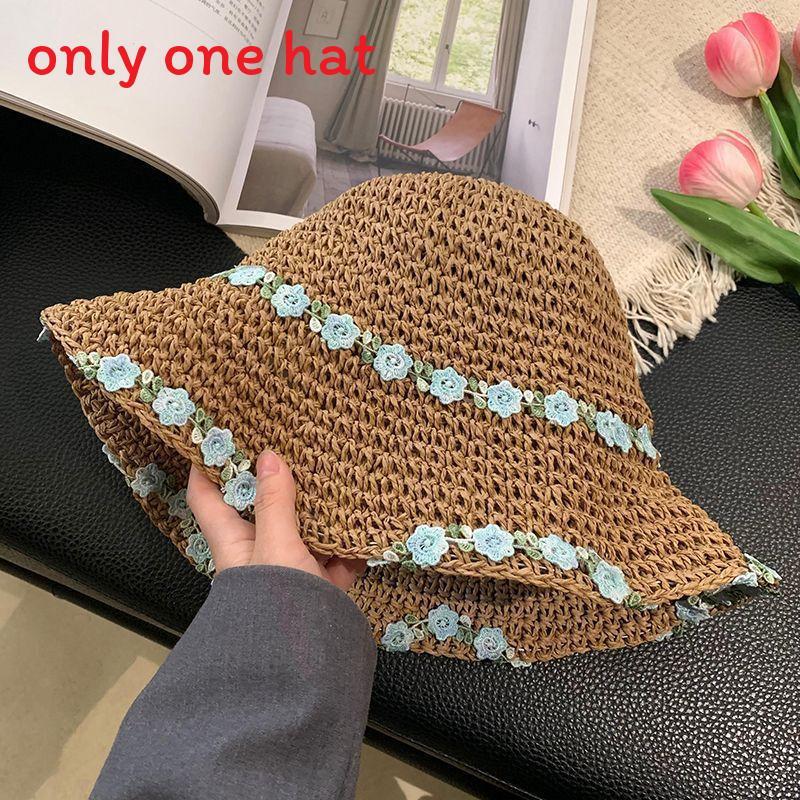 

Flower Pattern Paper Straw Sun Hat With Large Brim Adjustable Fit For Beach And Garden Khaki Blue