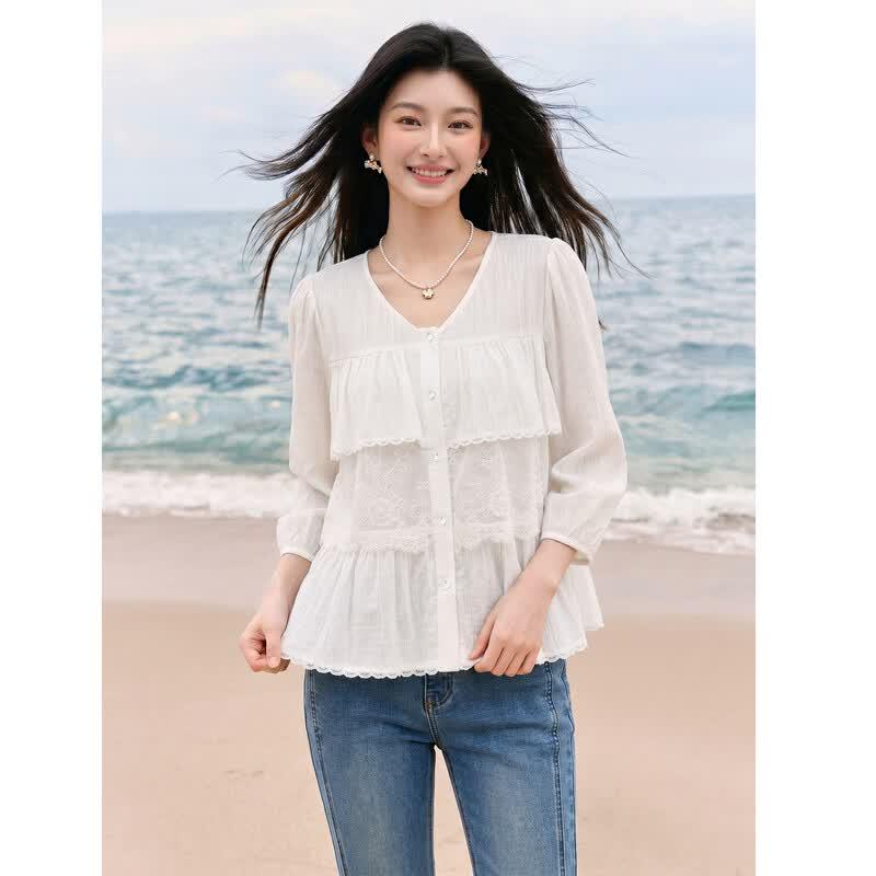 Elegant Lace Ruffle V-Neck Blouse