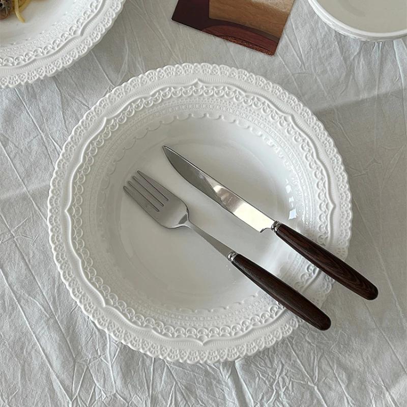 Französischer Stil Vintage Keramikteller Kreatives Spitzenrelief Haushalt Porzellan Geschirr Frühstück Toast Brot Kuchen Gerichte