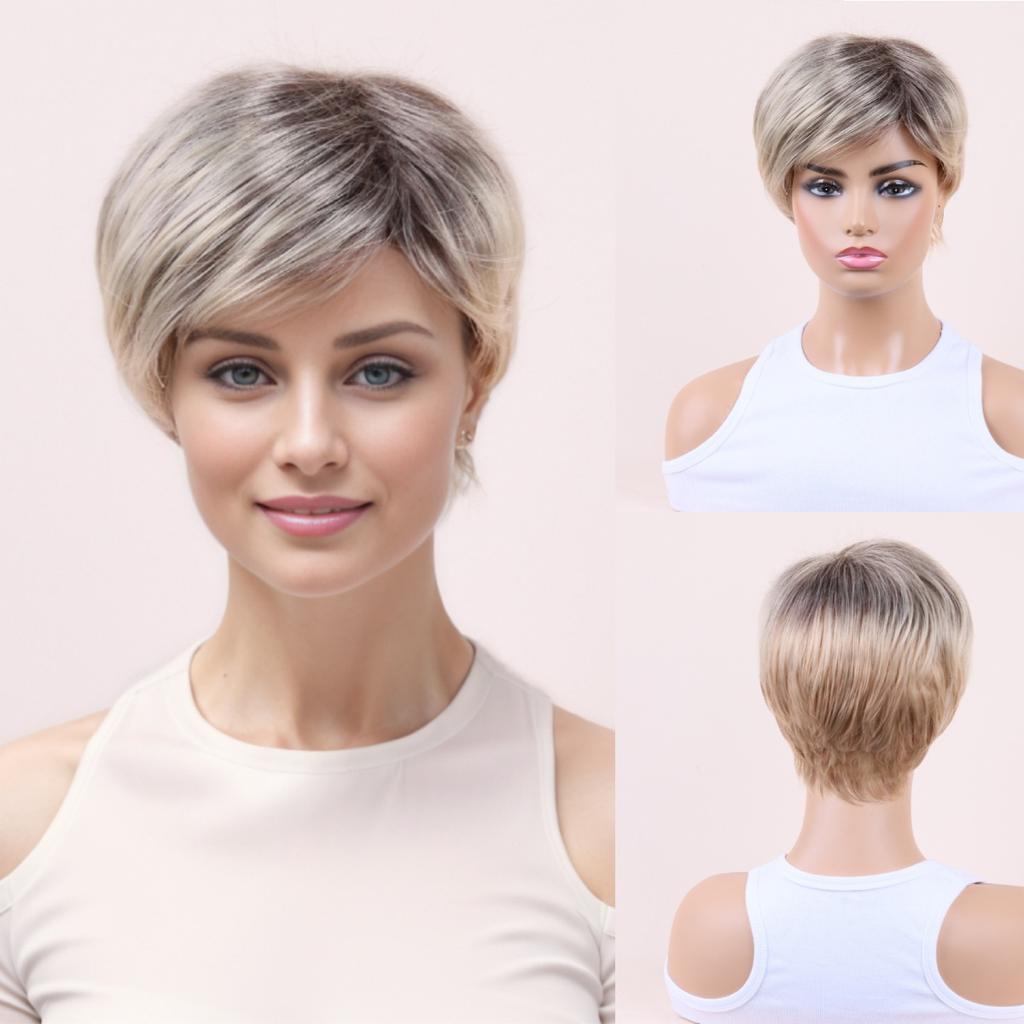 Short Wave Ombre Blonde Wig with Bang for Women Synthetic Natural Hair Wig Dark Roots Heat Resistant Wigs