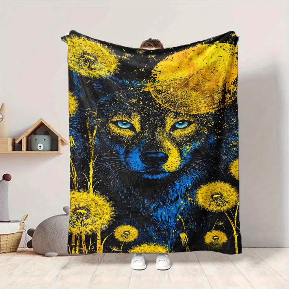 1pc Wolf Dandelion Night Blanket Lightweight Flannel Blanket Throw Blanket For Sofa, Bed, Travel, Camping, Livingroom, Couch, Chair, And Bed Yy2509026