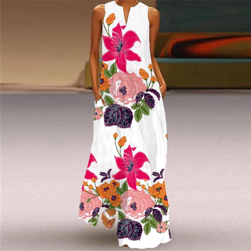2024 Summer Retro V-Neck Multicolor Sleeveless Long Skirt Dress