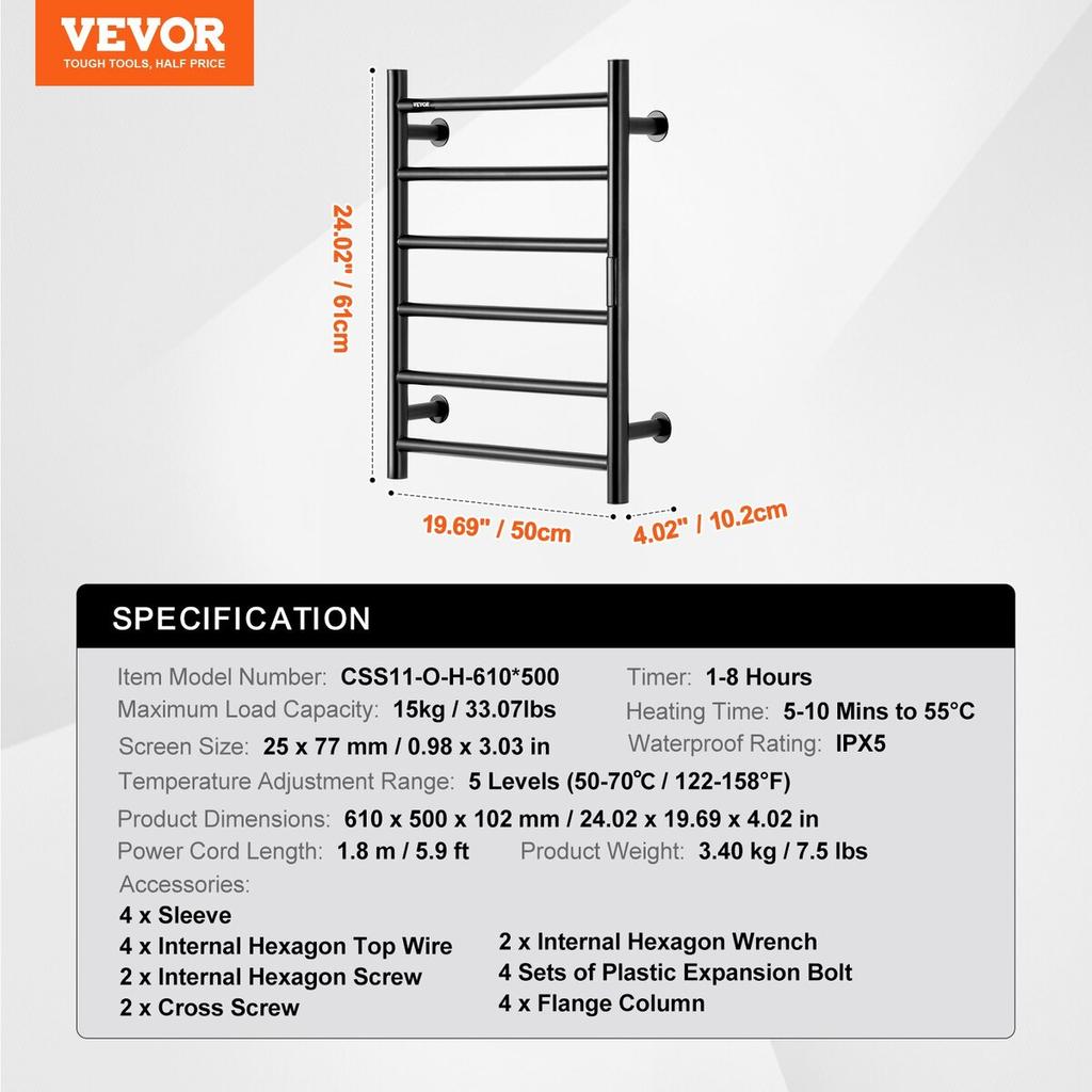 6 Bars Towel Warmer Rack Wall Mounted Heated Towel Rack for Bathroom Black