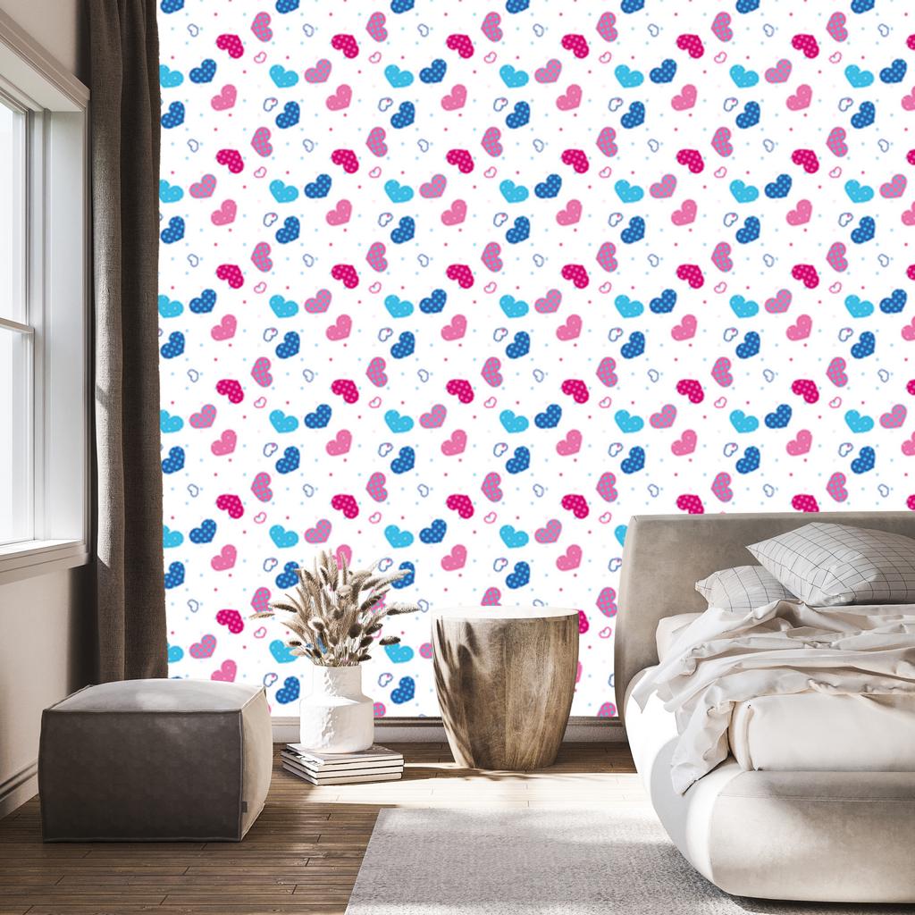 Wallpaper Blue, Pink and White Hearts for Living Room and Bedroom 50x1000