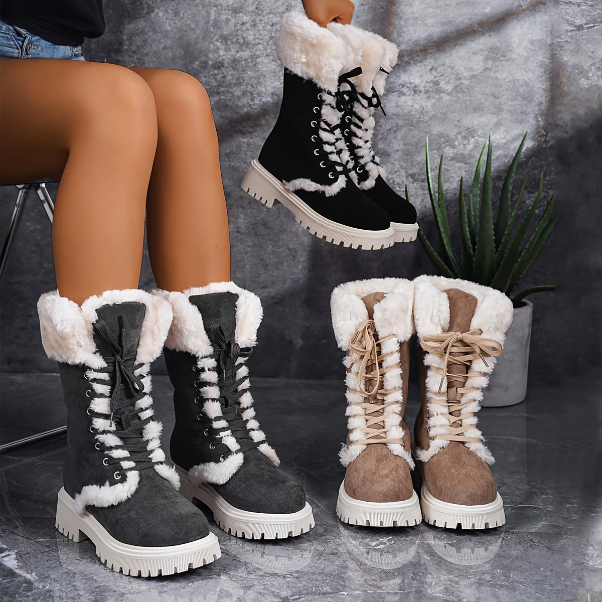 

Women s Fleece Lined Snow Boots, Winter Warm Lace Up Flat Mid Calf Boots, Thermal Outdoor Chunky Boots 37 сірий