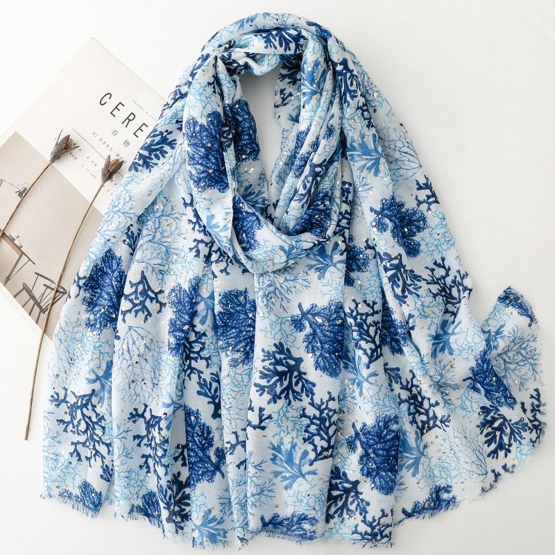 Luxury Women Scarf Summer Beach Shawl Coralal Print Cotton Linen Feeling Tassel Pashmina Muslim Hijab Wrap Viscose Turban