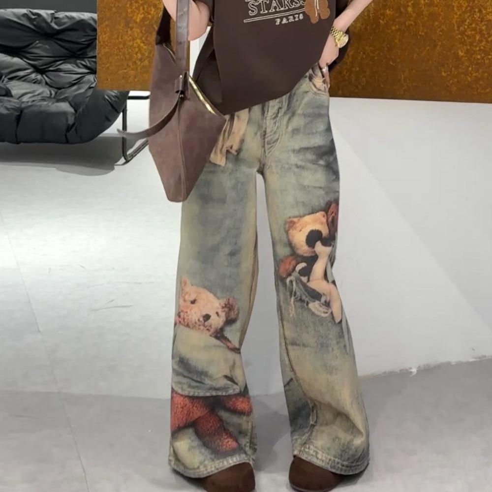 Women's High Waist Wide Leg Jeans Loose Fit Teddy Bear Print Vintage Washed Denim Pants Y2K Streetwear Casual Trousers
