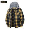Men's Yellow Plaid Hooded Button Down Long Sleeve Autumn Shirt