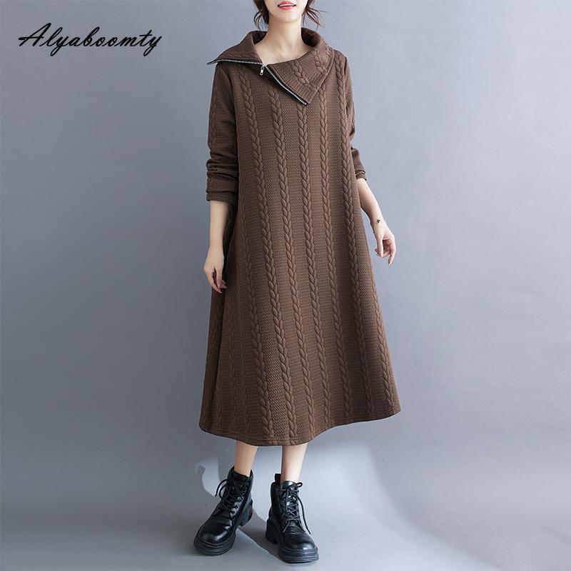 

Корейская мода осень-зима женское стильное платье водолазка на молнии черное коричневое повседневное свободное платье винтажное мешковатое универсальное платье XL