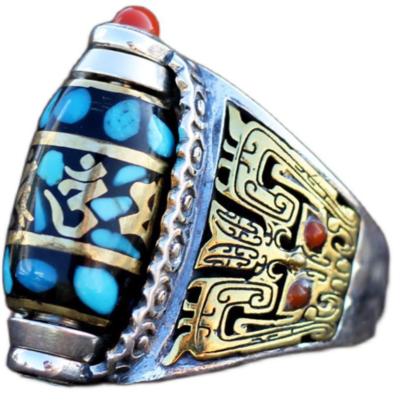 Adjustable Sterling Vintage Tibetan Style Ring With Garuda Qilin Taotie Om Mani Padme Hum Motif Men Women