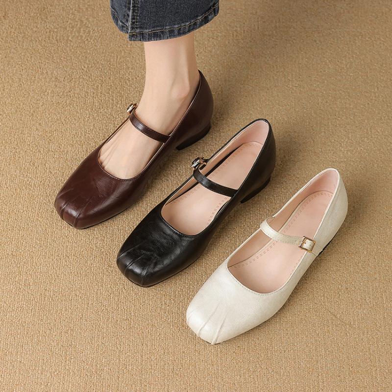 New Four-season Leather Shoes Casual Solid Color Buckle Women's Low-top Shoes Single Shoes Low-heeled Flat Shoes Square Head Square Heel