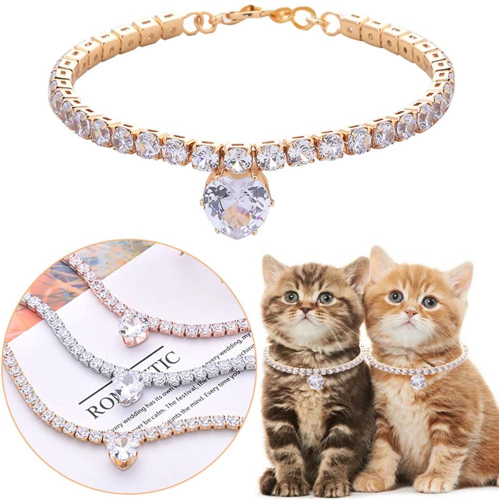 Strass-Hunde-Halsband Kristall Bling Kätzchen-Halsband Glitzer Silber Gold Kette Schmuck Diamant Welpenhalsbänder mit Herz-Anhänger