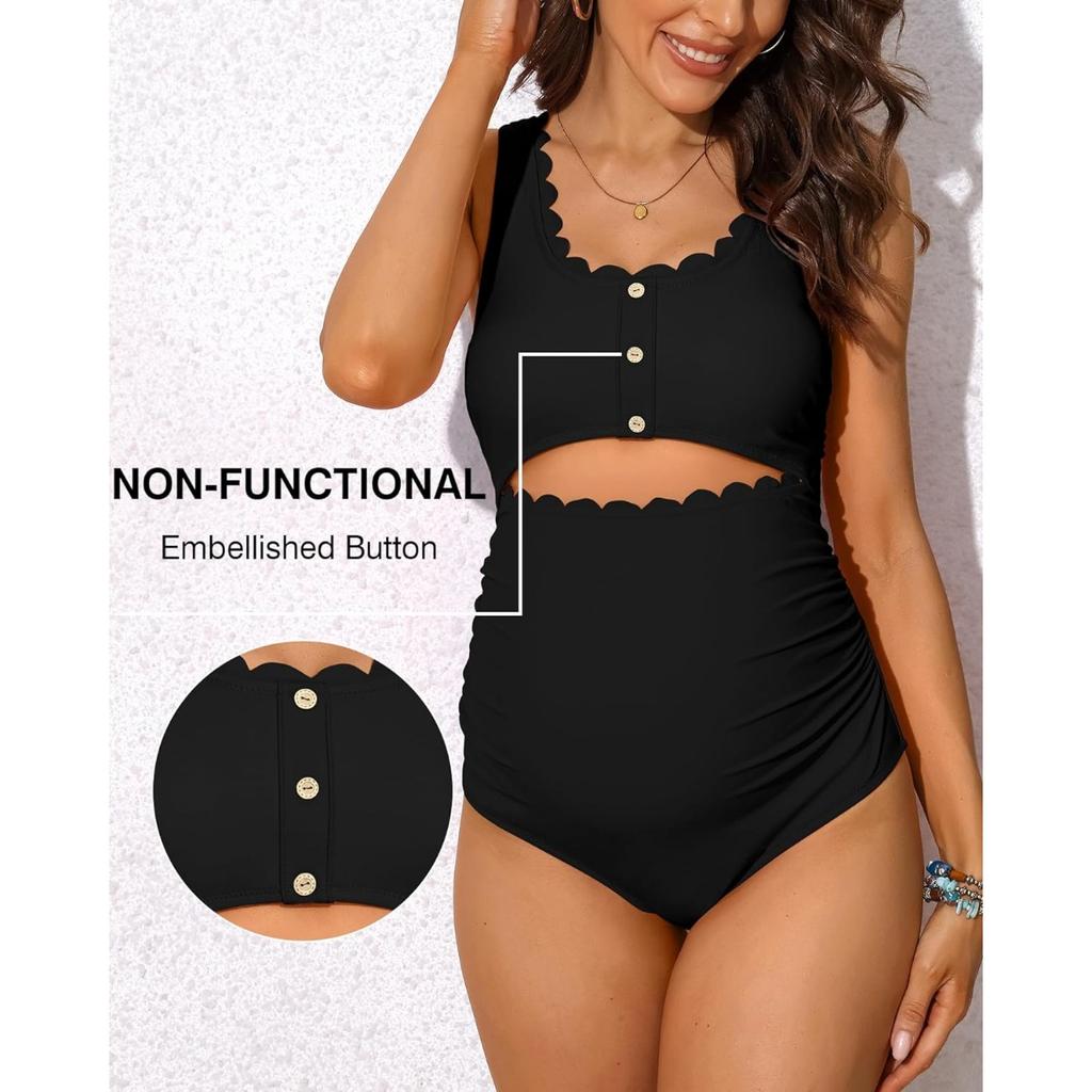 CHARMLEAKS Umstands-Einteiler-Badeanzug, gewellter, ausgeschnittener, gerüschter, hoch taillierter Schwangerschafts-Badeanzug mit U-Ausschnitt