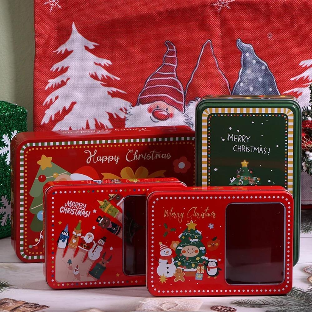 Rectangle Christmas Tinplate Candy Box Metal Empty Cookie Tin Box Red Green Santa Claus Biscuit Packaging Iron Can Sugar Packing