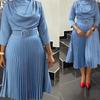 Elegant Office Pleated Dress Women Professional Round Neck Full Sleeve Belt Waisted Mid Calf Formal Business Work Dress New