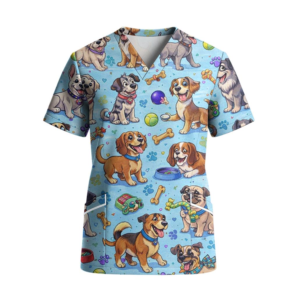 Top de Trabalho Feminino com Gola V de Manga Curta, Stretch e Secagem Rápida, com Estampa Animal e Bolsos