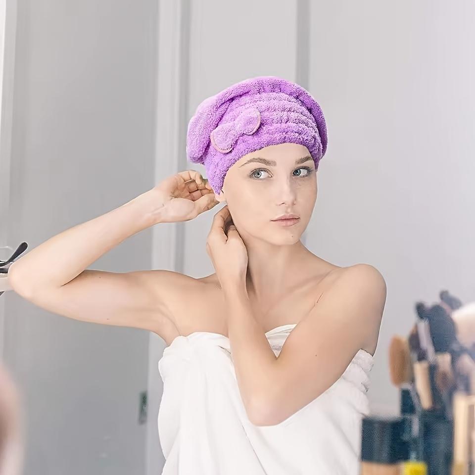 1pc Women's Quick-Dry Hair Cap with Chef Hat Design &Pink Bow - Soft coral fleece Shower Cap for Fast Hair Drying,Cute Turquoise