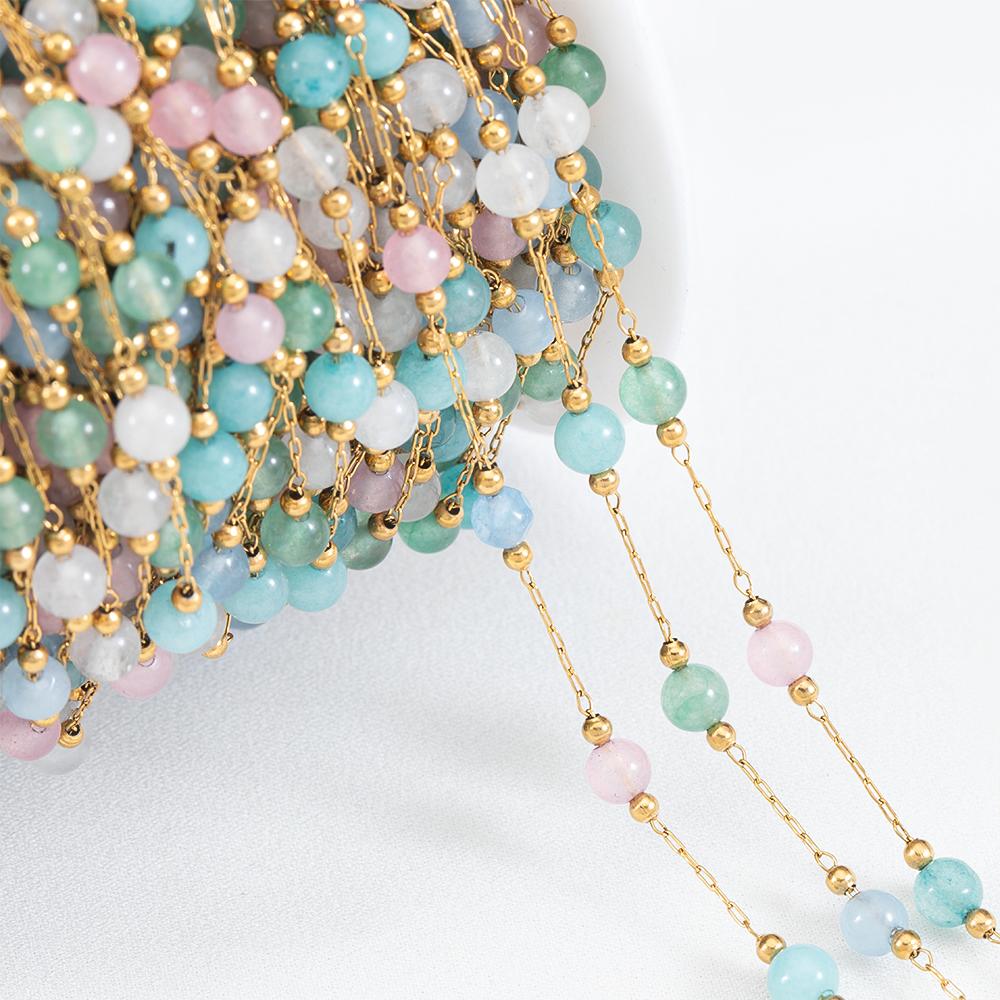 1M Stainless Steel Beaded Chain Elegant White Glass Flat Beads Gold Color Chains for DIY Women Necklace Bracelets Jewelry Making