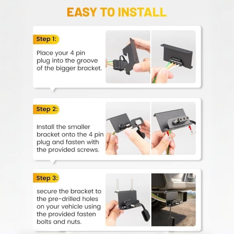 Universal 4 Pin Flat Trailer Connector Mounting Bracket Heavy Duty Iron Construction Harness Mount for Various Trucks