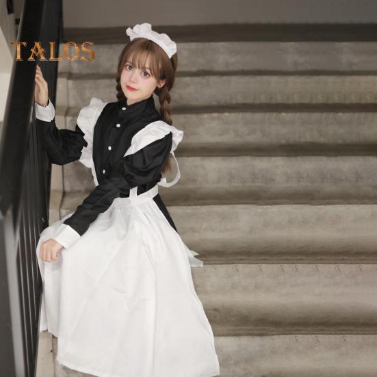 1 Set Maid Cosplay Dress Set Includes Apron Headband Bow And Socks Unisex A-Line Calf-Length Contrast Color Ruffle Dress Parties Photography Servant