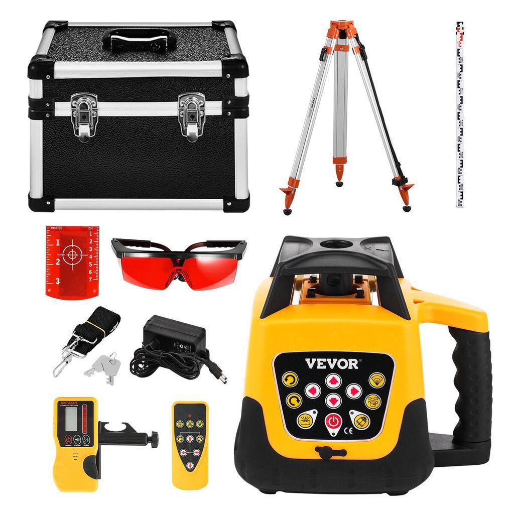 Rotary Laser Level Kit, with Tripod+Staff Gauge, Red Beam 300m Range Slope Adjustable 360-Degree Spinning, Flexible Scanning Angle, Accurate with