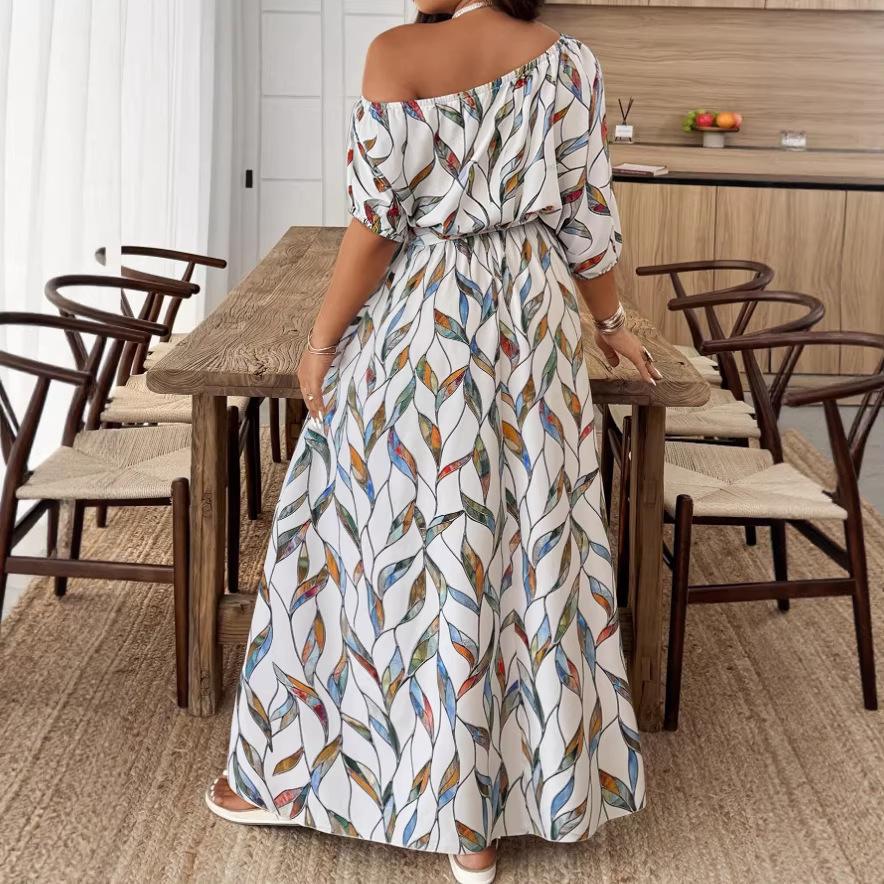 Summer New Style Women's Long Dress with Open Shoulders and Digital Print, Loose Fit Dress