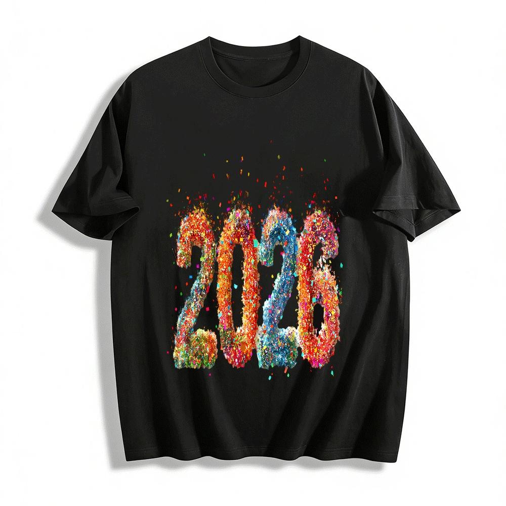 2026 New Year Themed Confetti Print Casual Crewneck Top Pure cotton T-shirt XXS
