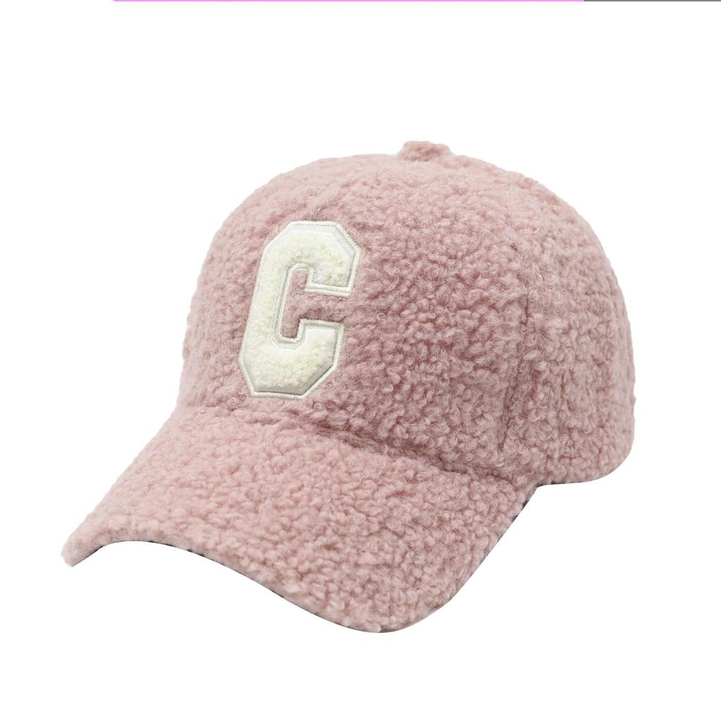 Women's Winter Lamb Wool Baseball Cap with Embroidered 'C', Duckbill Brim, Korean Style