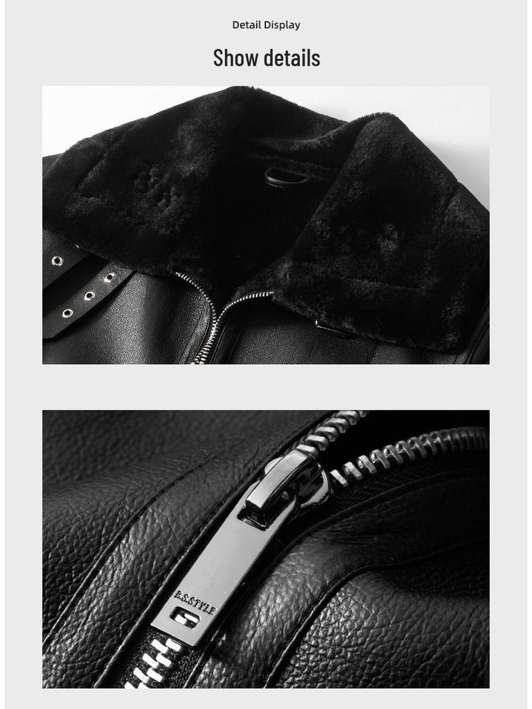 Herren 2024 Lammfelllederjacke: Herbst-/Winter-Stil mit Plus-Samt und Verdickungsmerkmalen.