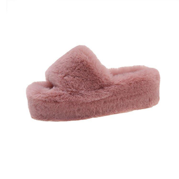 Thick-bottomed one-word fluffy slippers for women, new autumn and winter fashion home slippers for women