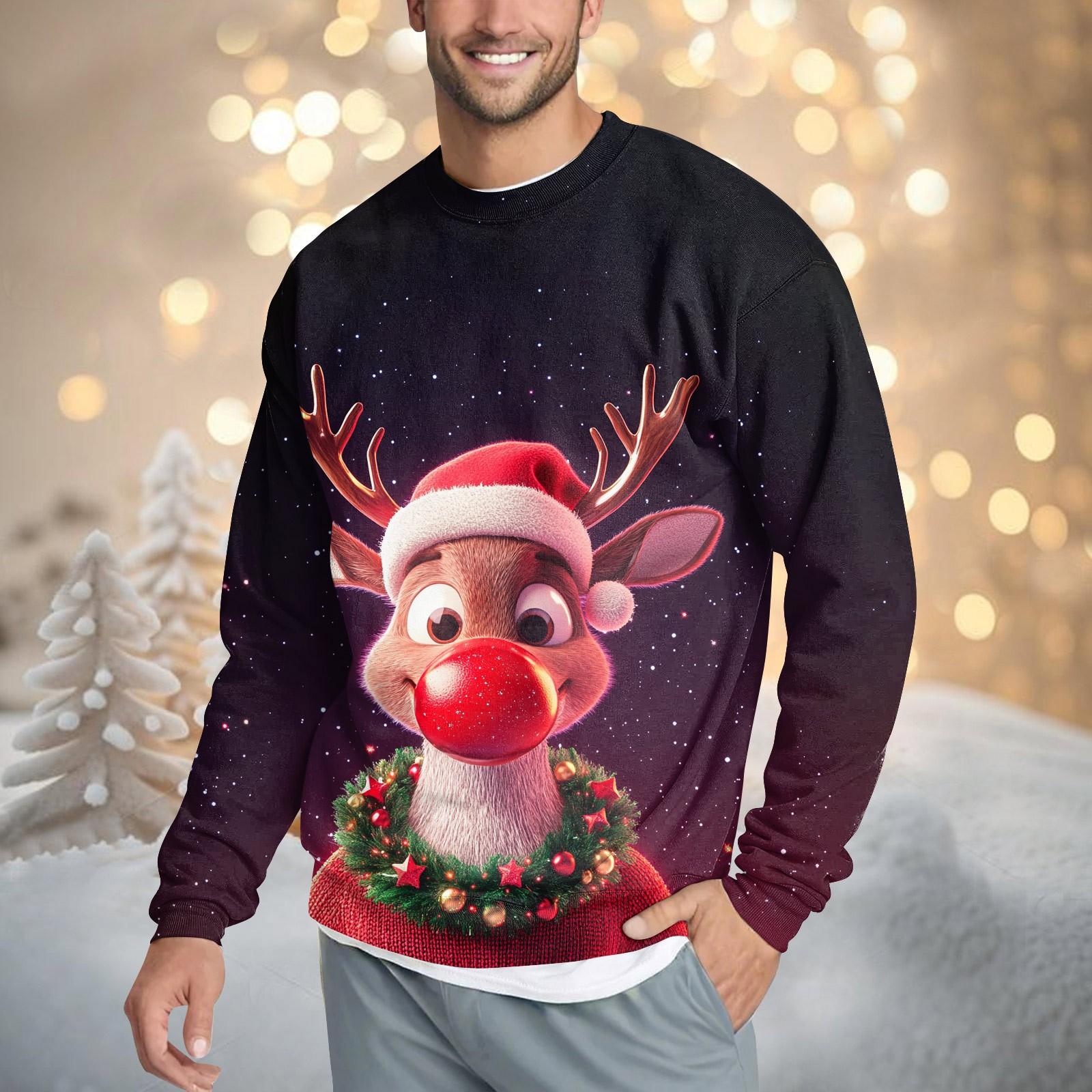 Мужская повседневная модная удобная толстовка с круглым вырезом и принтом рождественского оленя XL 1860₽