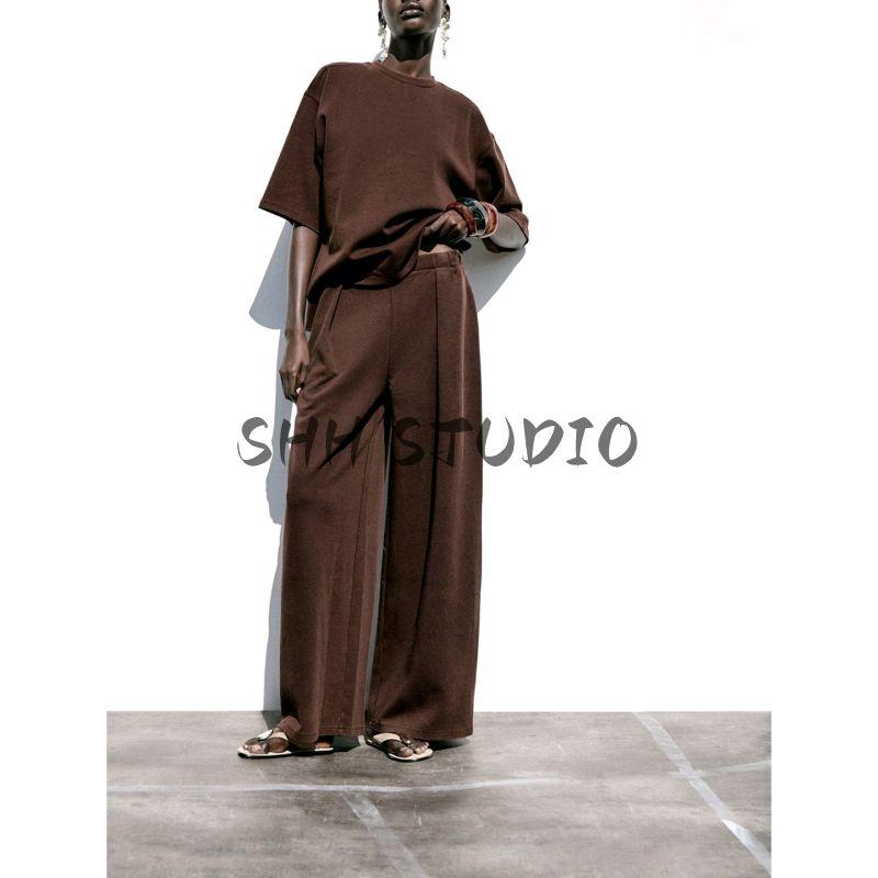 Washed Effect Double-sided Cloth round Neck Short sleeve T-shirt 4174190 Mid Waist Comfortable Casual Pants 4174191