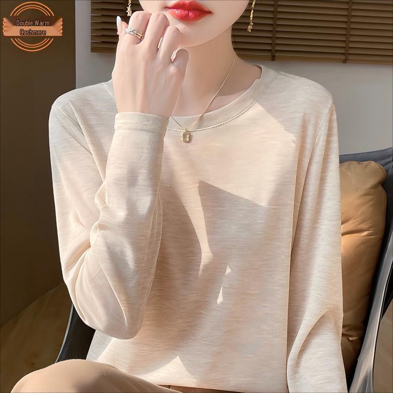 Women's Long Sleeve Round Neck Tencel Cotton Sheer T-Shirt - Slimming, Loose Fit, Knit Base Layer, New Basic Style