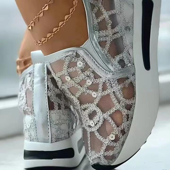 Platform Wedges Women Sneakers Floral Embroidery Mesh Sneakers Women Slip On Casual Comfy Heeled Shoes for Woman Tenis Feminino
