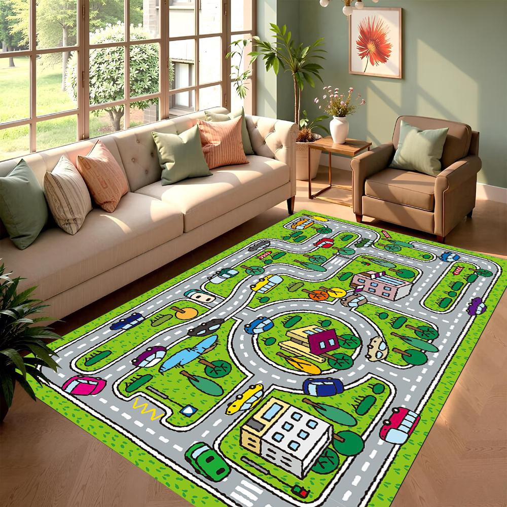 

Cartoon City Road Area Rug Soft Non-Slip Floor Mat Cars Buildings Trees Print Children Play Carpet for Bedroom Living Room 40x60cm