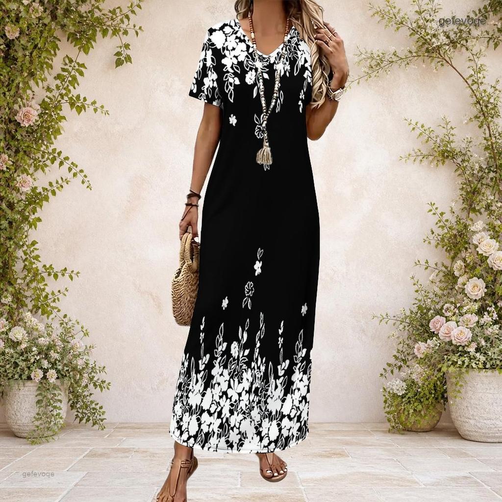 Women Plus Size V Neck Short Sleeve Blue Printed Long Straight Dress