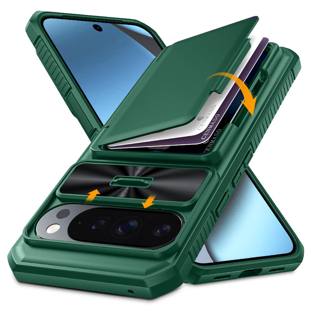 With Card Holder Sliding Camera Cover And Stand For Google Pixel 10 Pro XL Phone Case, Anti-Fall PC+TPU Wallet Case-Purple