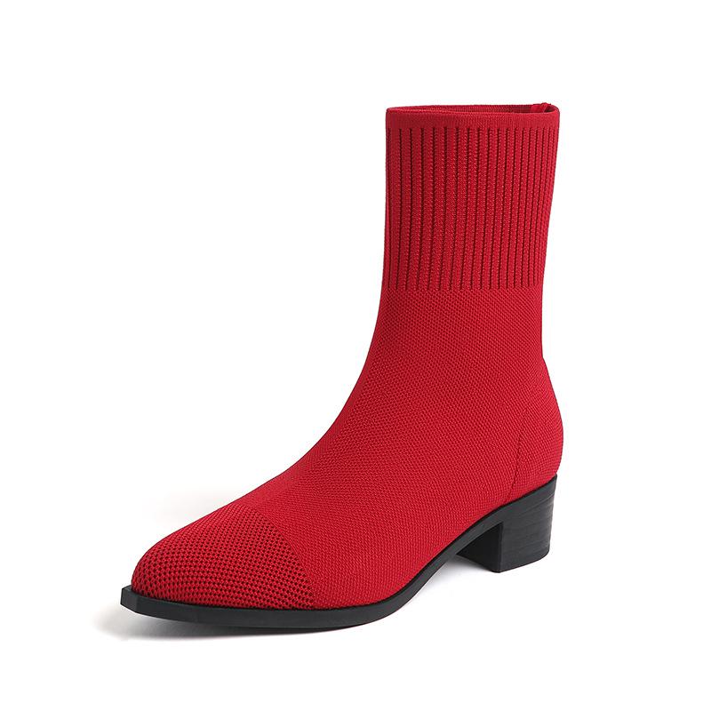 Waterproof Flyknit Mid-Calf Sock Boots with Pointed Toe & Platform - Japanese Style Fashion