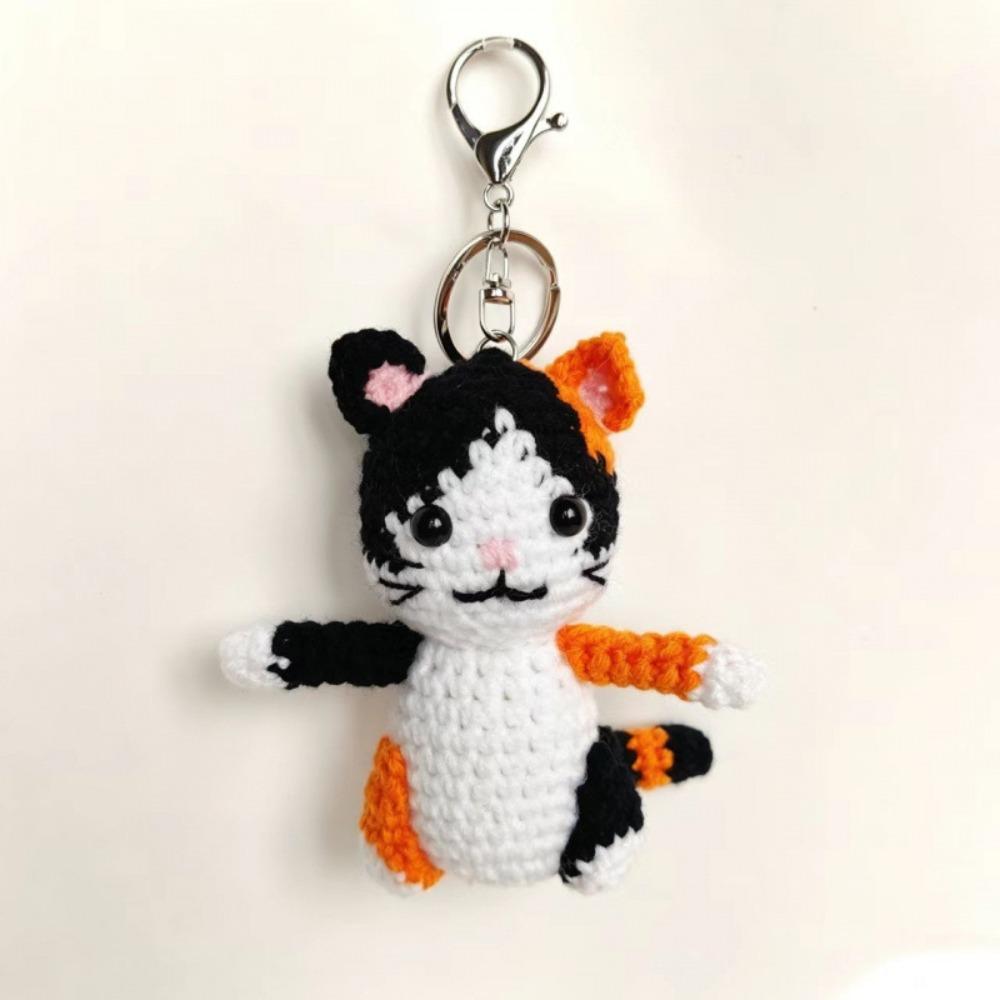 Handmade Hand Cat Keychain Handwoven Yarn Kitty Bag Charm Crochet Kitten Keyring Backpack Decor