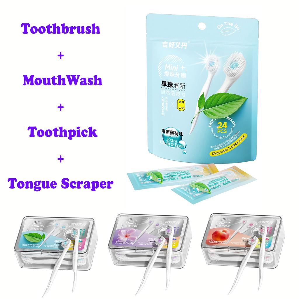 Mini Toothbrush With Mouth Freshener Beads&Toothpick&Tongue Scraper 4In1 Remove Bad Breath Portable Oral Care Tool 1/20/24Pcs