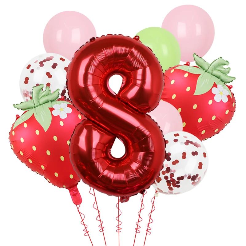 11Pcs 32inch Red 1-9 Years Old Digital Aluminum Film Strawberry Red Polka Dot Balloons Set Birthday Party Baby Shower Supplies