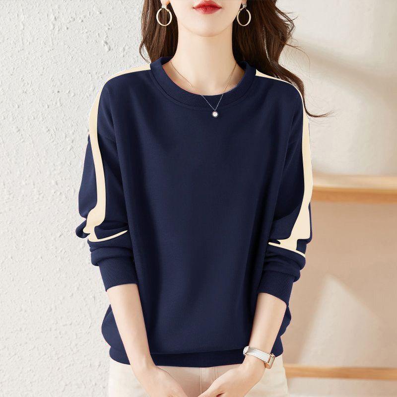 

Brand Discount 100% Pure Cotton Long sleeves Shirt Women 2025 Autumn and Winter Loose Color Matching Versatile Slimming Temperament Hoodie Fashion Navy Blue [Solid Color] M